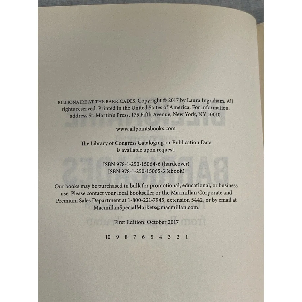 Billionaire at the Barricades by‎ Laura Ingraham HC/DJ 2017 1st Edition NEW